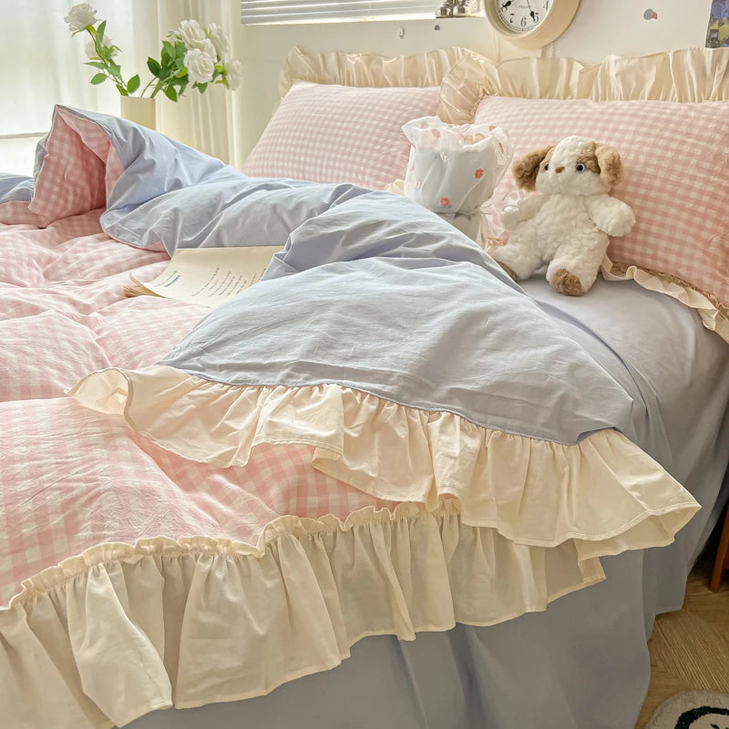 Pink Blue Cozy Cottage Princess Washed Cotton Soft Bedding Set