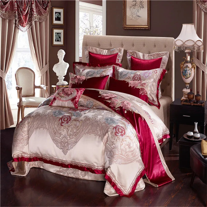 Red Gold Royal Jacquard Wedding Duvet Cover Egyptian cotton Bedding Set