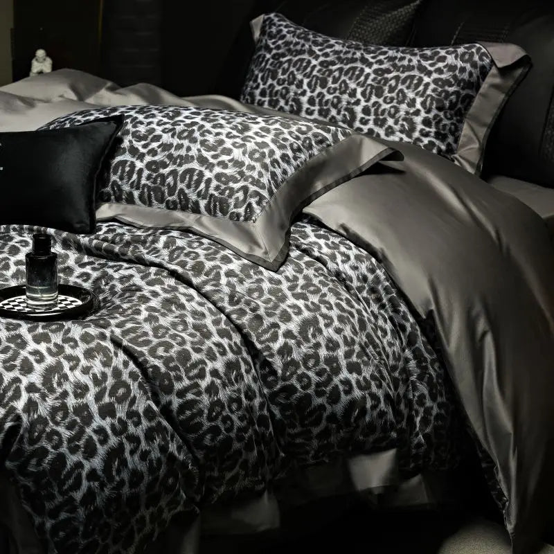 Premium Grey Leopard Print Egyptian Cotton 1000TC Bedding Set