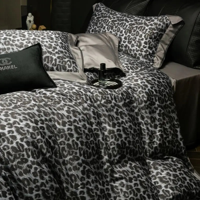 Premium Grey Leopard Print Egyptian Cotton 1000TC Bedding Set