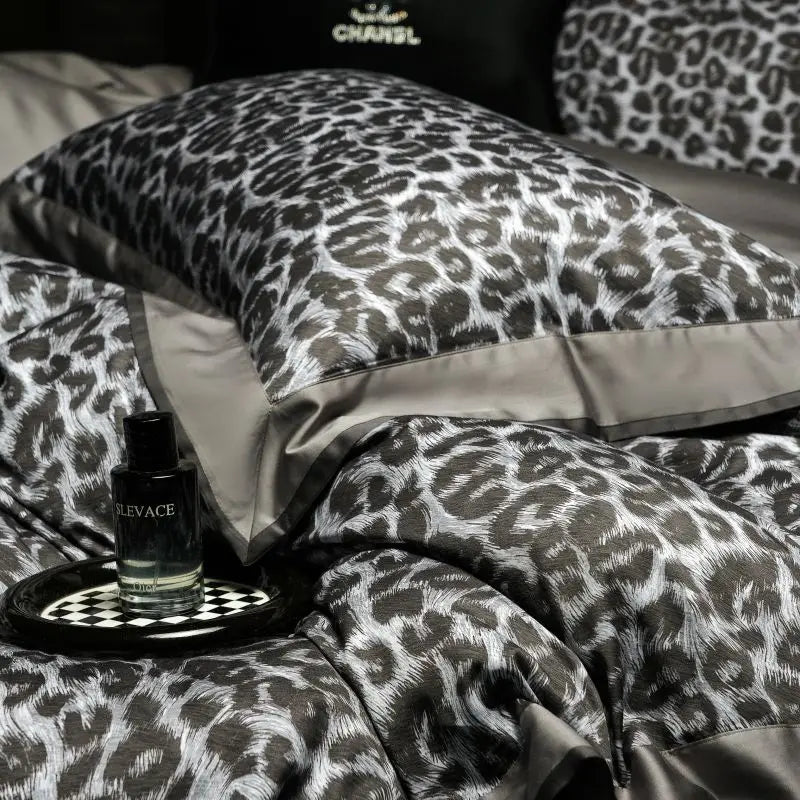 Premium Grey Leopard Print Egyptian Cotton 1000TC Bedding Set