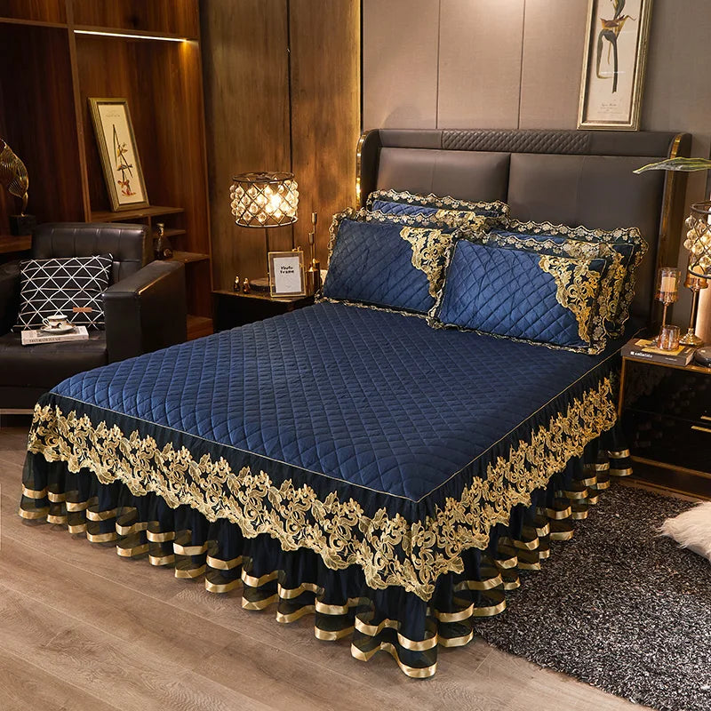 Luxury Blue Gold Royal European Crystal Velvet Bed Skirt Bedding Set