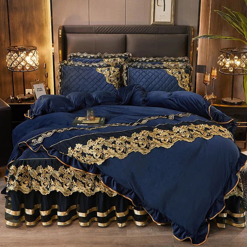 Luxury Blue Gold Royal European Crystal Velvet Bed Skirt Bedding Set