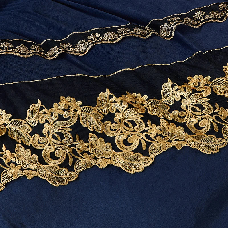 Luxury Blue Gold Royal European Crystal Velvet Bed Skirt Bedding Set