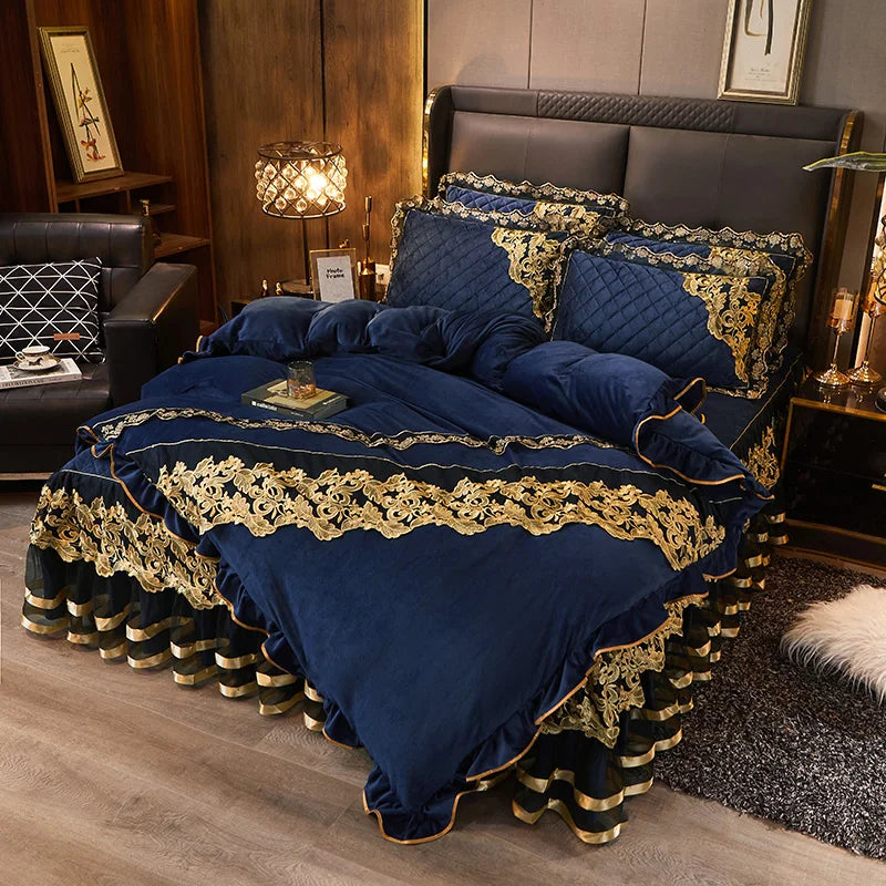 Luxury Blue Gold Royal European Crystal Velvet Bed Skirt Bedding Set