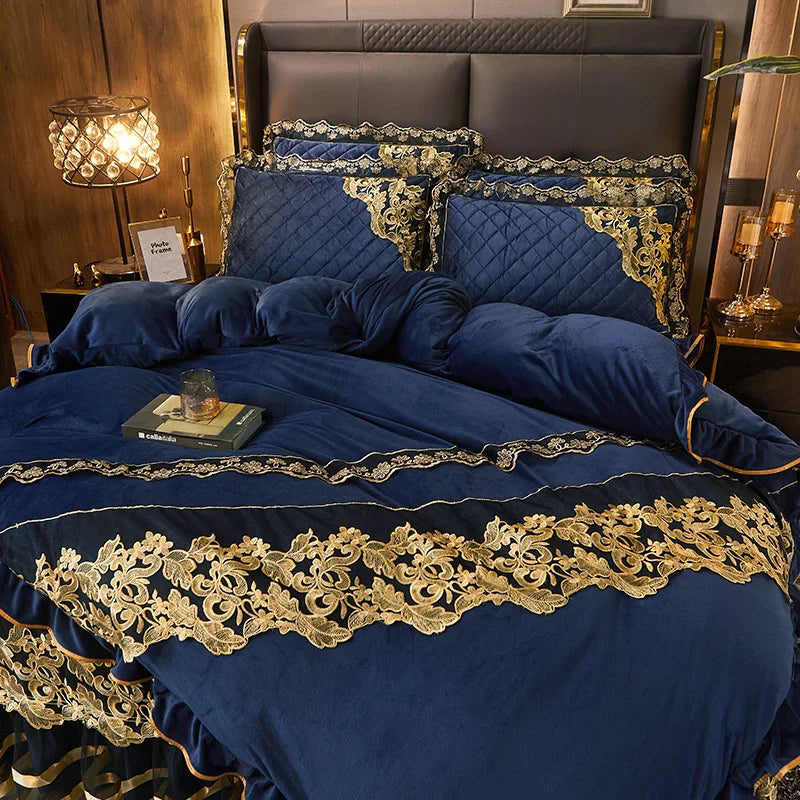 Luxury Blue Gold Royal European Crystal Velvet Bed Skirt Bedding Set