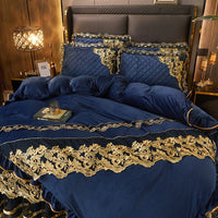 Thumbnail for Luxury Blue Gold Royal European Crystal Velvet Bed Skirt Bedding Set