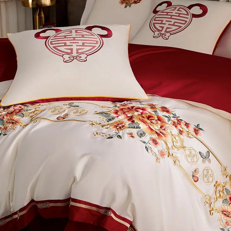 Luxury Red Happiness Blossom Embroidered Wedding Egyptian Cotton 1000TC Bedding Set