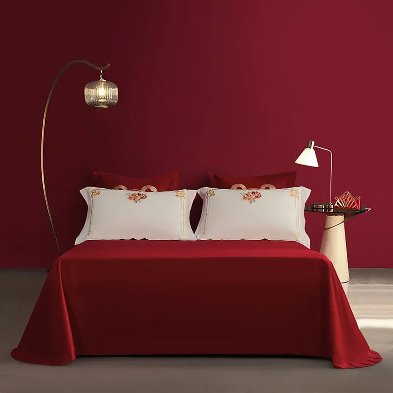 Luxury Red Happiness Blossom Embroidered Wedding Egyptian Cotton 1000TC Bedding Set