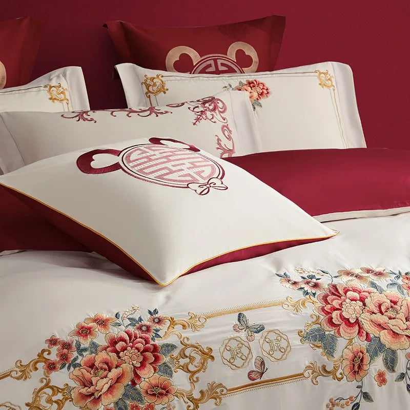 Luxury Red Happiness Blossom Embroidered Wedding Egyptian Cotton 1000TC Bedding Set