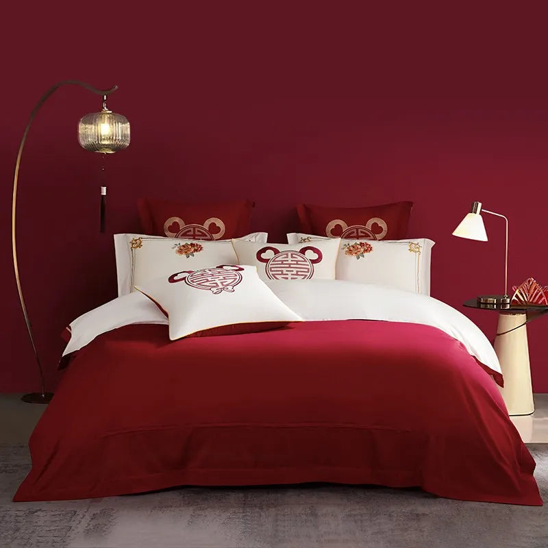 Luxury Red Happiness Blossom Embroidered Wedding Egyptian Cotton 1000TC Bedding Set