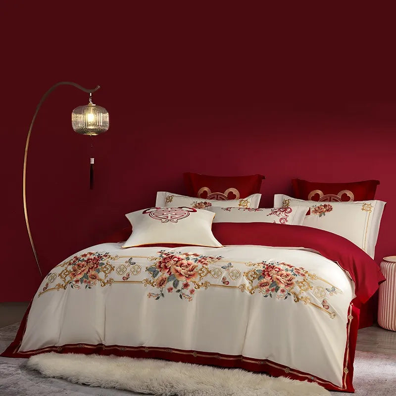 Luxury Red Happiness Blossom Embroidered Wedding Egyptian Cotton 1000TC Bedding Set