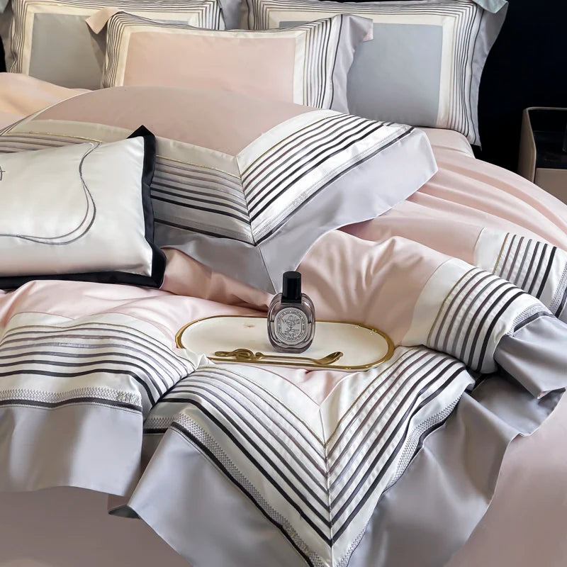 Luxury Pink Embroidery Egyptian Cotton Hotel Style Duvet Cover Bedding Set