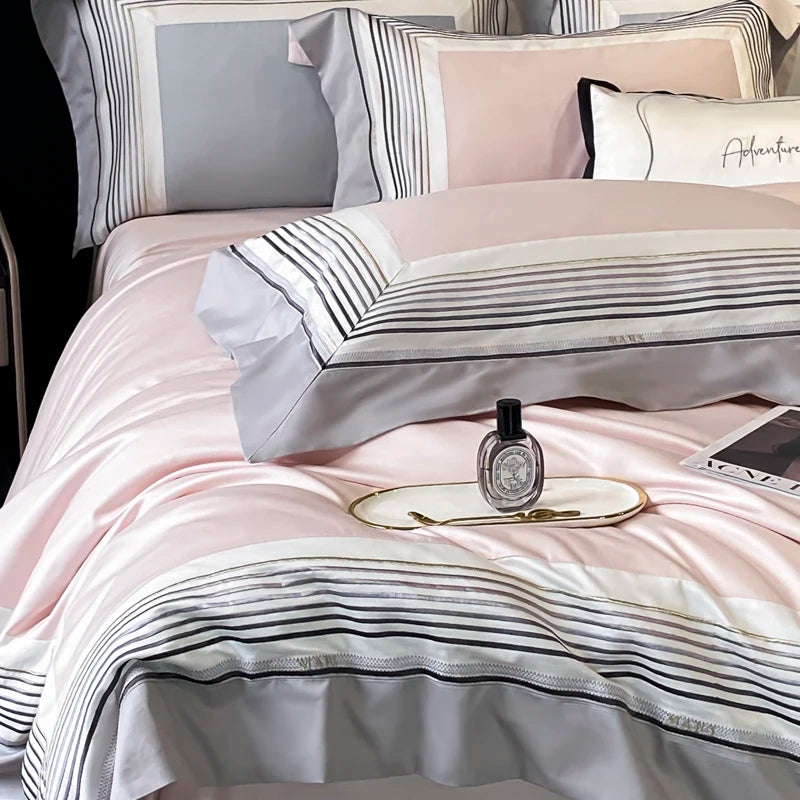 Luxury Pink Embroidery Egyptian Cotton Hotel Style Duvet Cover Bedding Set