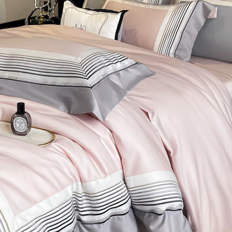 Luxury Pink Embroidery Egyptian Cotton Hotel Style Duvet Cover Bedding Set