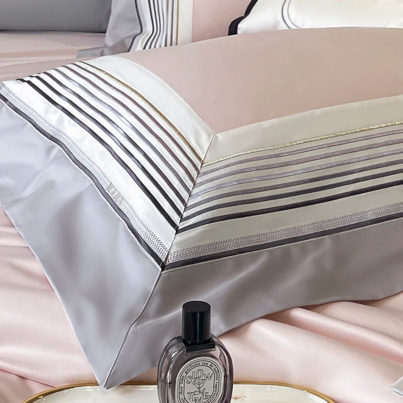 Luxury Pink Embroidery Egyptian Cotton Hotel Style Duvet Cover Bedding Set