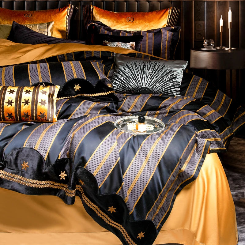 Luxury Black Bee Star Embroidered Jacquard Egyptian Cotton 1200TC Bedding Set