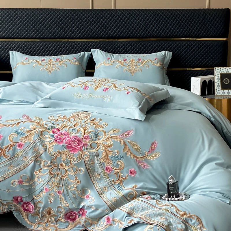 Luxury Rose Gold Baroque Embroidery Duvet Cover, Cotton Bedding Set