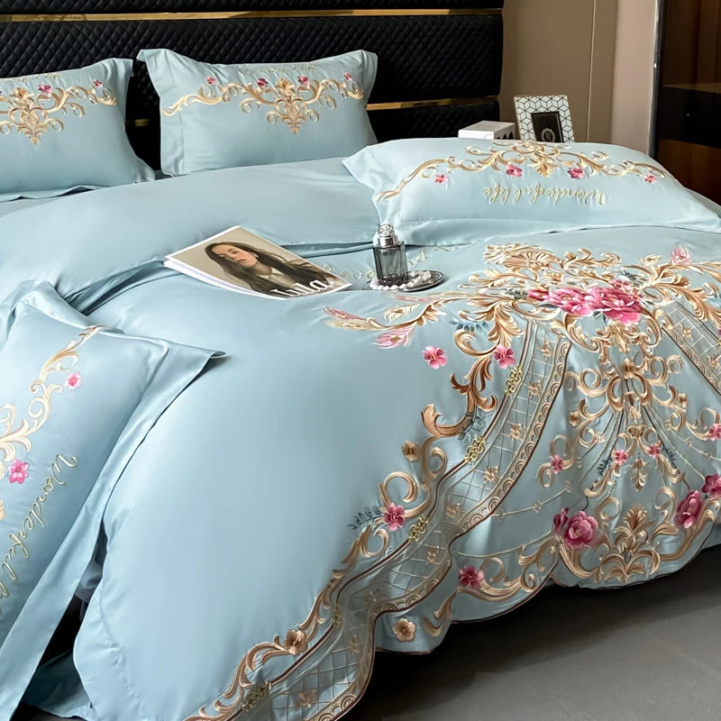 Luxury Rose Gold Baroque Embroidery Duvet Cover, Cotton Bedding Set