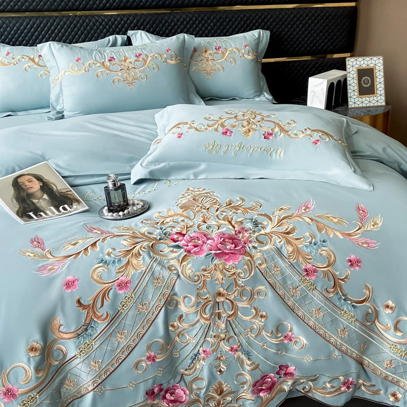 Luxury Rose Gold Baroque Embroidery Duvet Cover, Cotton Bedding Set