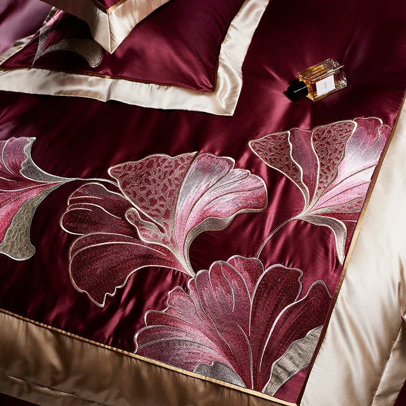 Luxury Red Gold Ginkgo Biloba 1000TC Egyptian Cotton Embroidered Bedding Set