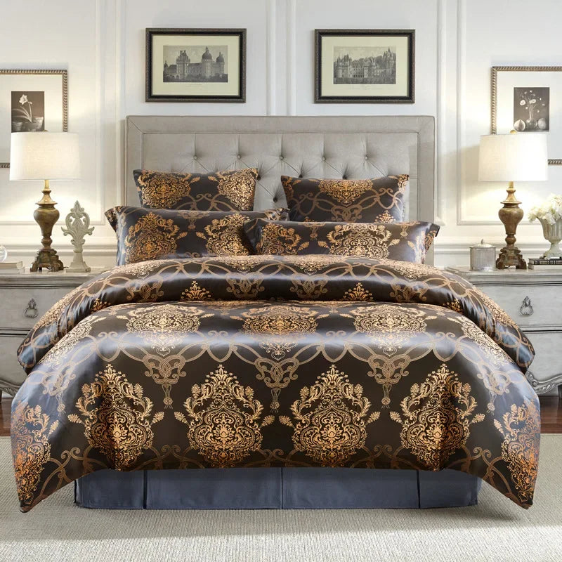 Premium Brown Gold Jacquard Baroque For Adults Duvet Cover Bedding Set