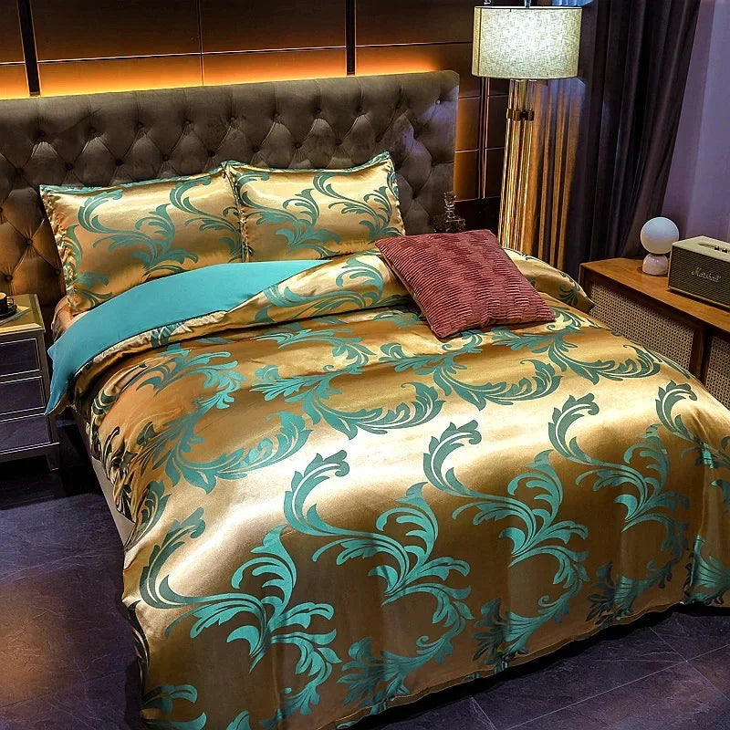 Premium Brown Gold Jacquard Baroque For Adults Duvet Cover Bedding Set