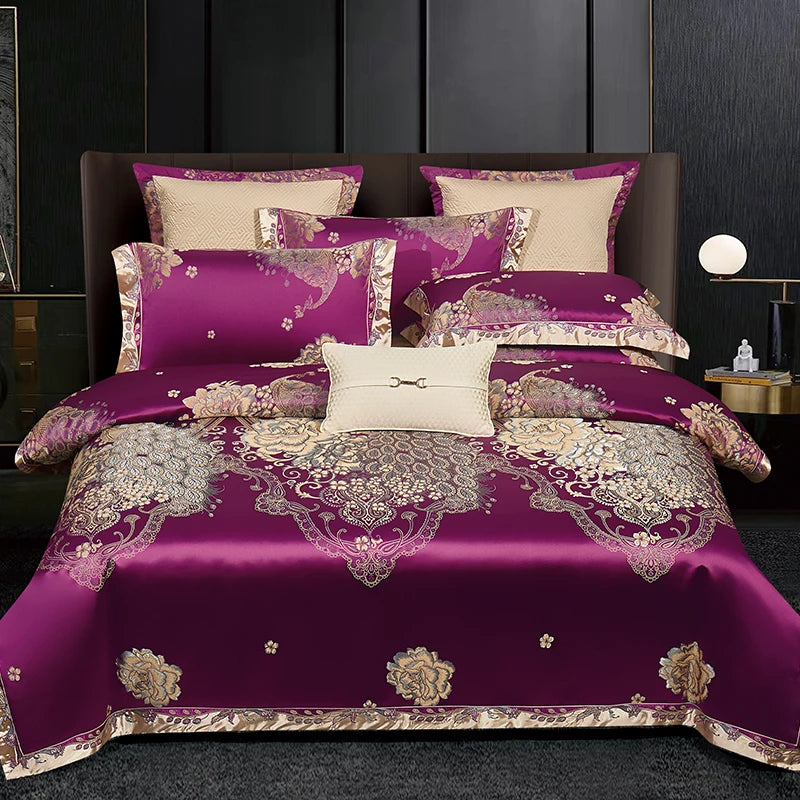 Luxury Purple Gold Jacquard European Egyptian Cotton 1000TC Bedding Set