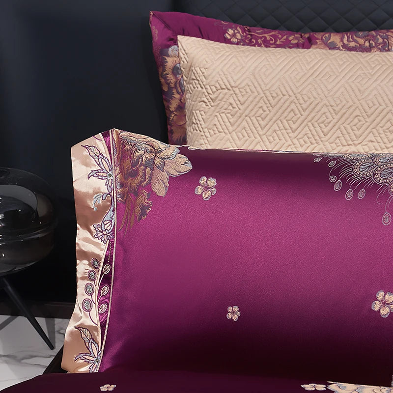 Luxury Purple Gold Jacquard European Egyptian Cotton 1000TC Bedding Set