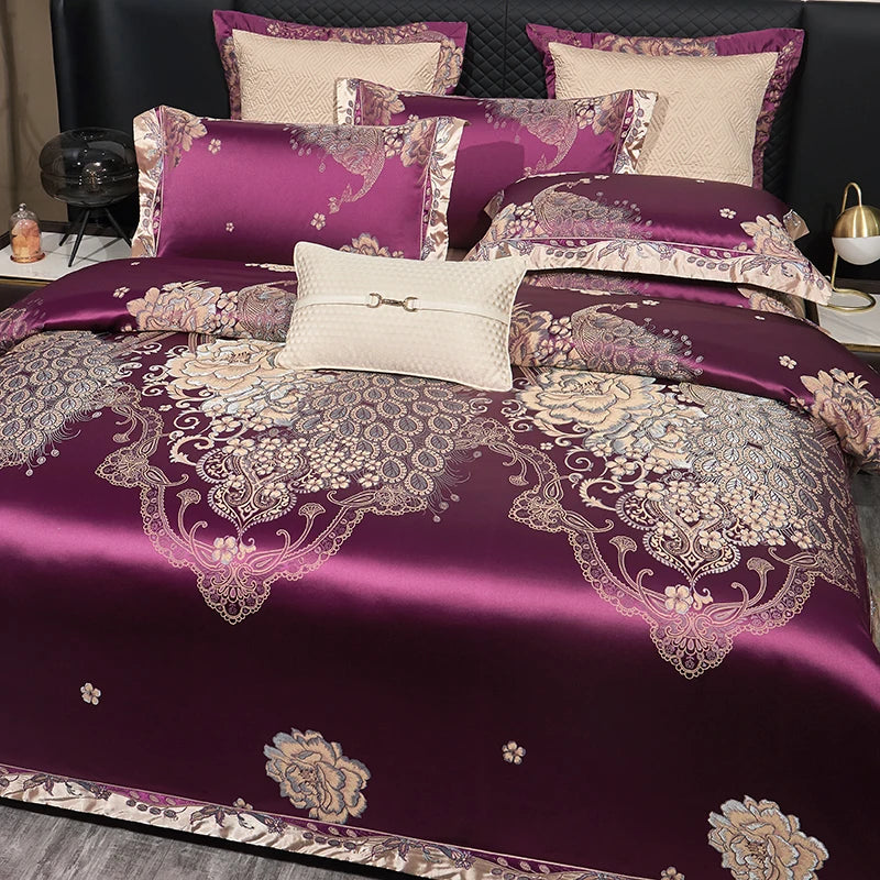 Luxury Purple Gold Jacquard European Egyptian Cotton 1000TC Bedding Set