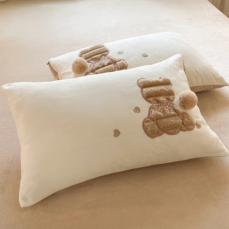 Brown Cute Rabbit Embroidered Fleece Velvet Thickened Duvet Cover Bedding Set