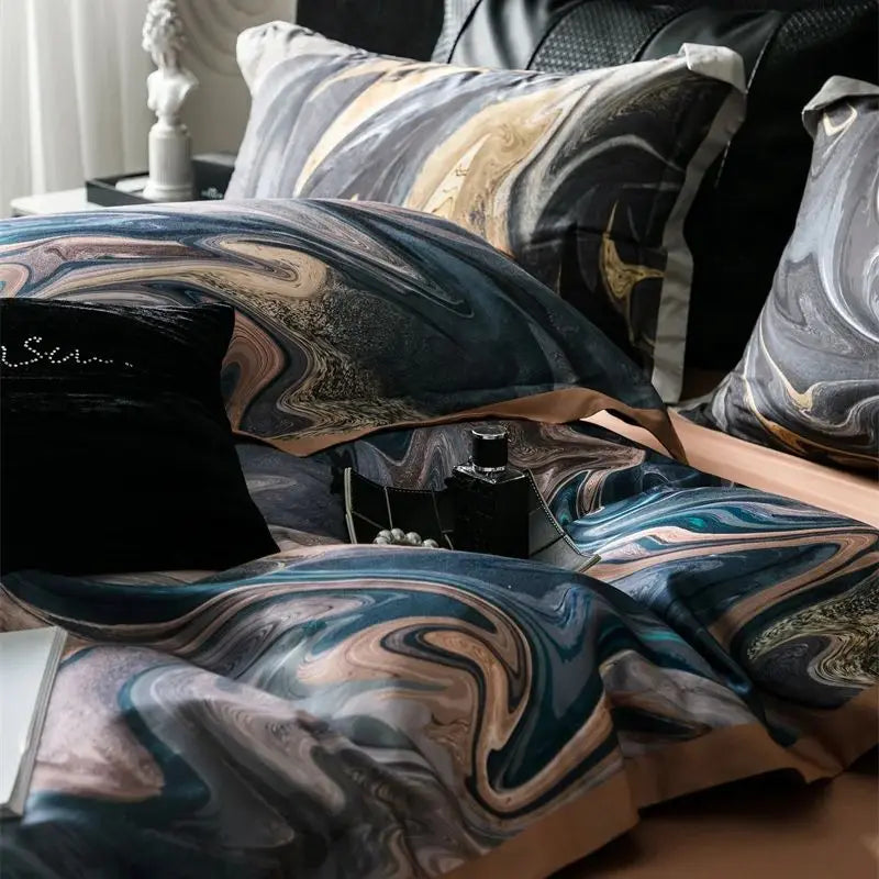 Luxury Vintage Contrast Painting Print Lyocell Cotton Soft Silky Bedding Set