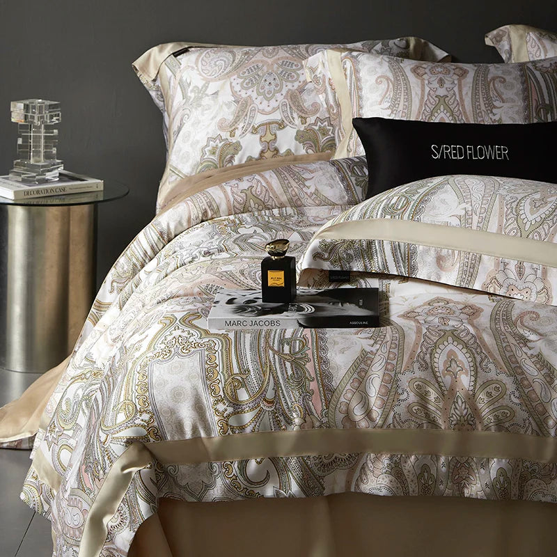 Luxury Baroque Beige Gold Paisley Lyocell Cotton Soft Duvet Cover Set