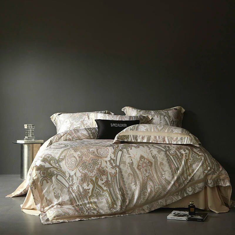 Luxury Baroque Beige Gold Paisley Lyocell Cotton Soft Duvet Cover Set