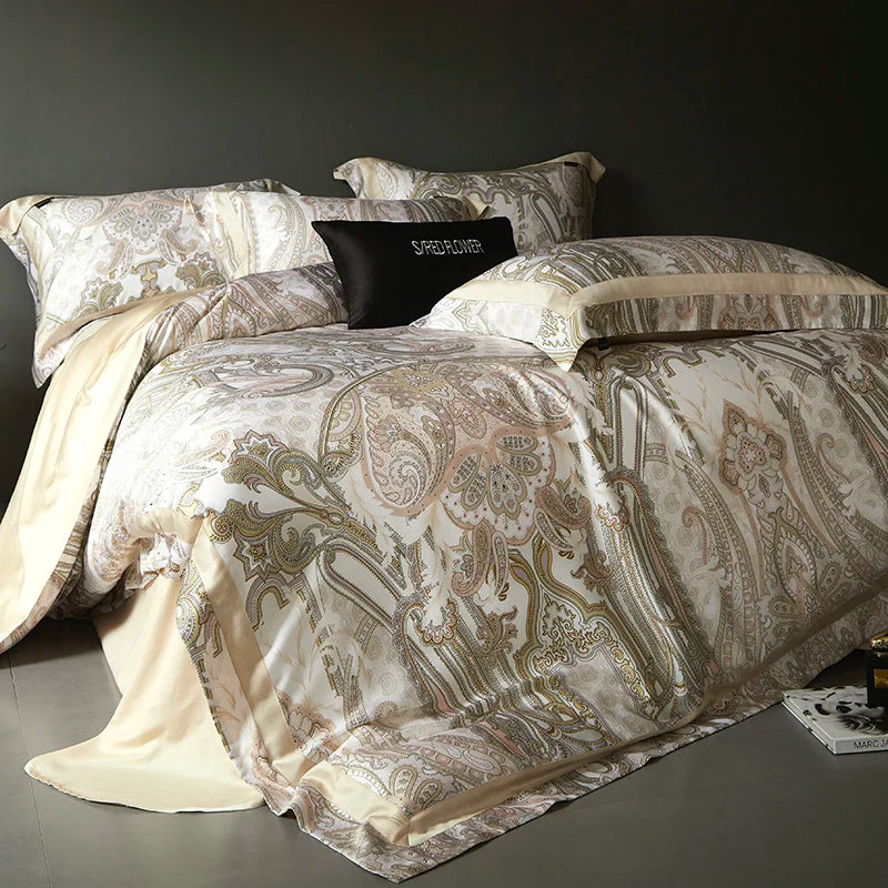 Luxury Baroque Beige Gold Paisley Lyocell Cotton Soft Duvet Cover Set