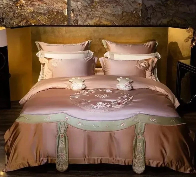 Rose Pink Flowers Embroidered Duvet Cover Set, Egyptian Cotton 1200TC Bedding Set