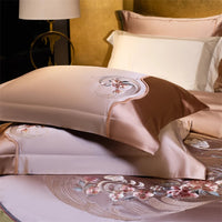 Thumbnail for Rose Pink Flowers Embroidered Duvet Cover Set, Egyptian Cotton 1200TC Bedding Set