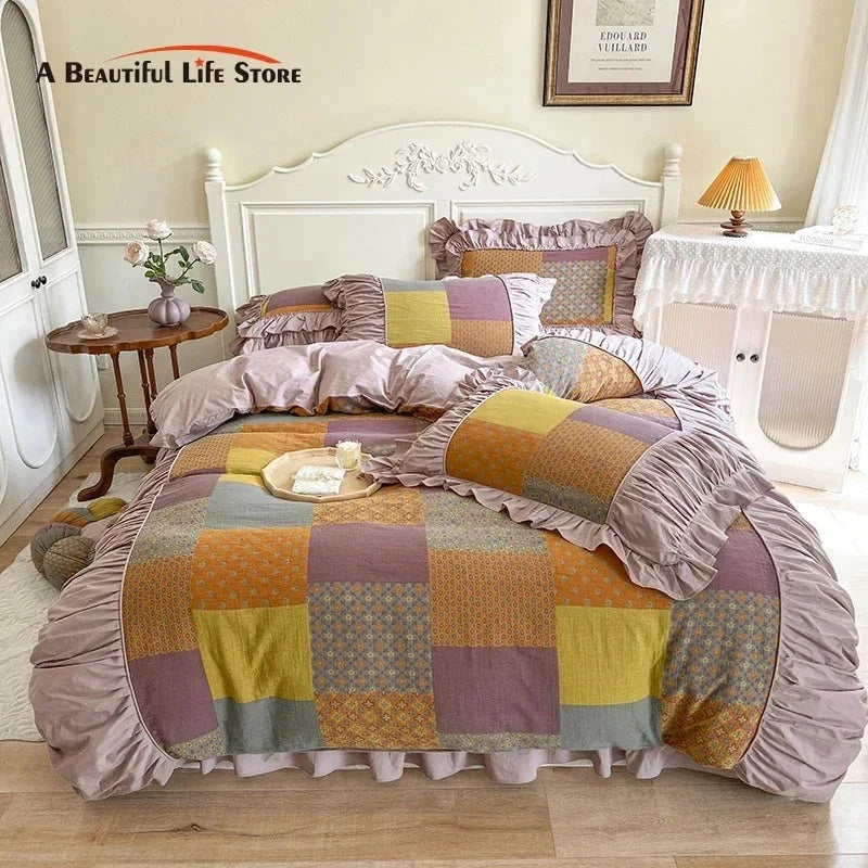 Vintage Pastoral Country Pure Cotton Double Layer Yarn Pleat Ruffles Bedding Set