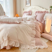 Thumbnail for Pink White Korean Princess Pleat Ruffles Pure Cotton Bed Skirt Bedding Set