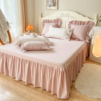 Thumbnail for Pink White Korean Princess Pleat Ruffles Pure Cotton Bed Skirt Bedding Set