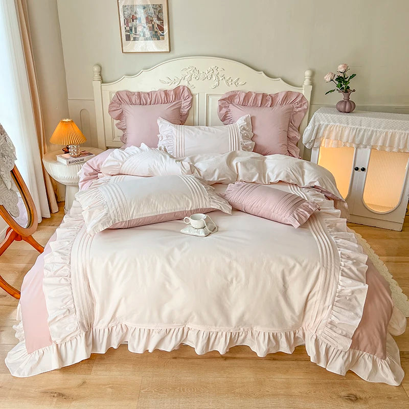 Pink White Korean Princess Pleat Ruffles Pure Cotton Bed Skirt Bedding Set