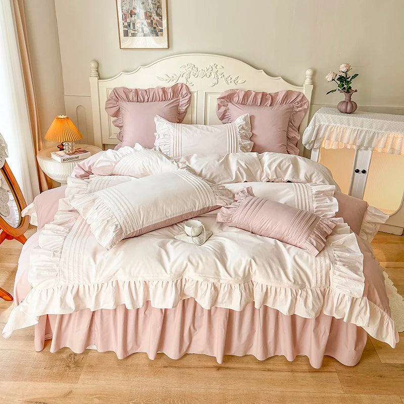 Pink White Korean Princess Pleat Ruffles Pure Cotton Bed Skirt Bedding Set