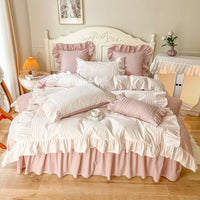 Thumbnail for Pink White Korean Princess Pleat Ruffles Pure Cotton Bed Skirt Bedding Set