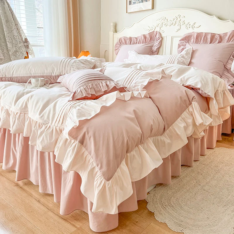 Pink White Korean Princess Pleat Ruffles Pure Cotton Bed Skirt Bedding Set