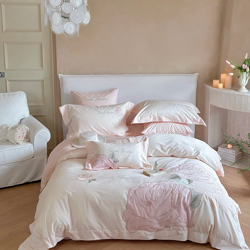 Pink Rose Embroidered Washed Cotton Soft Skin-friendly Bedding Set