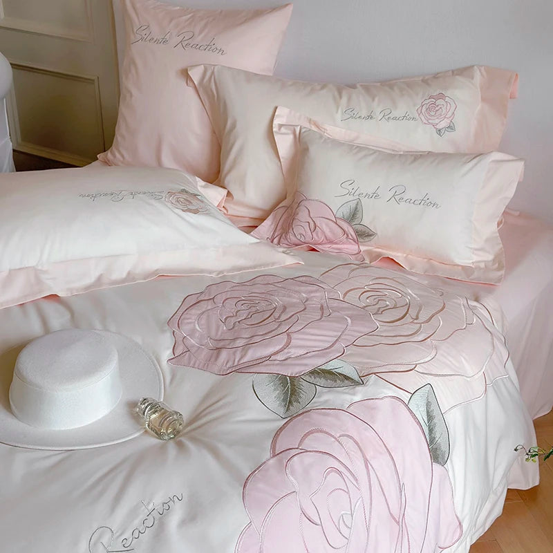 Pink Rose Embroidered Washed Cotton Soft Skin-friendly Bedding Set