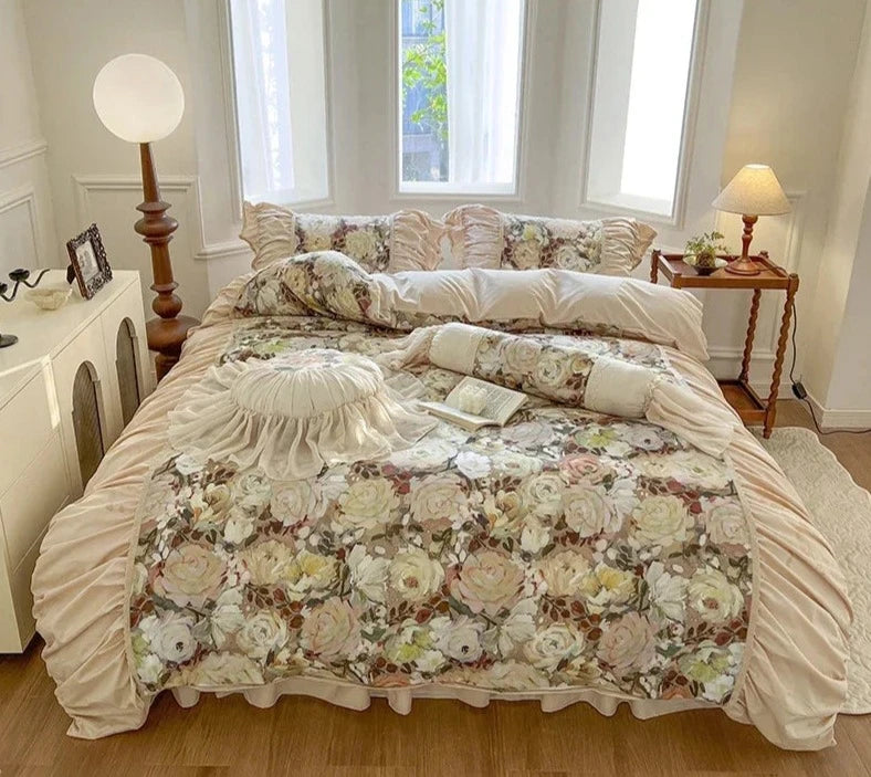 French Rose Vintage Oil Print Blooming Flowers Pleat Ruffles, Cotton Bedding Set