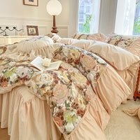 Thumbnail for French Rose Vintage Oil Print Blooming Flowers Pleat Ruffles, Cotton Bedding Set