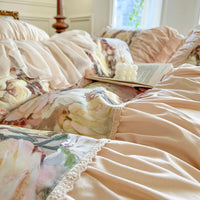 Thumbnail for French Rose Vintage Oil Print Blooming Flowers Pleat Ruffles, Cotton Bedding Set