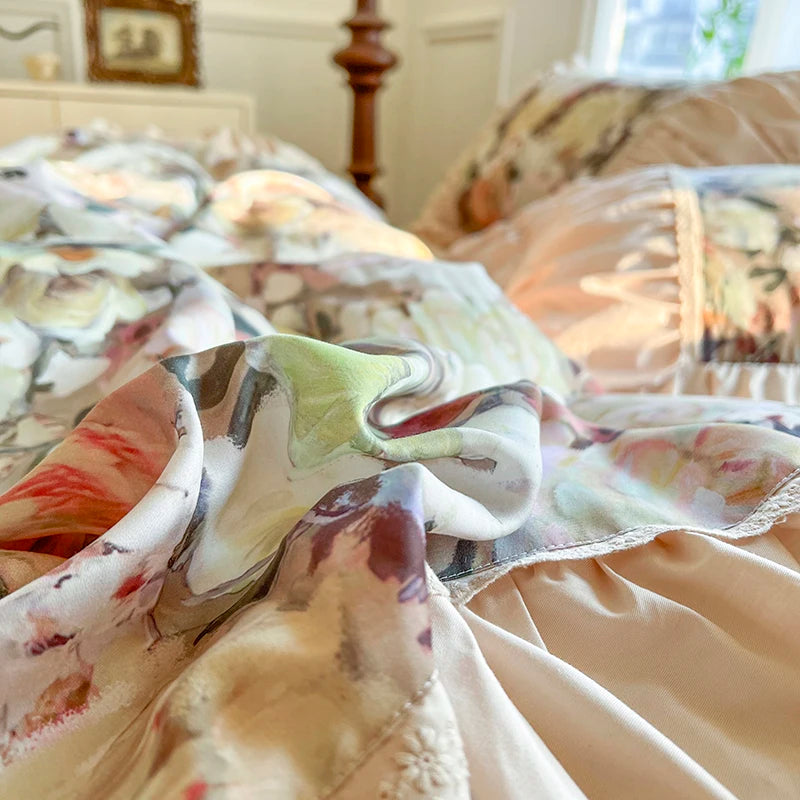 French Rose Vintage Oil Print Blooming Flowers Pleat Ruffles, Cotton Bedding Set